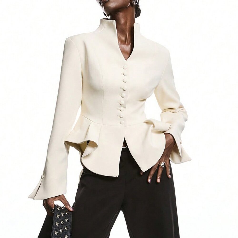 Apricot Elegant Women's Minimalist Fitted peplum blazer top - Picture 6 of 9